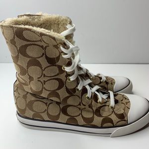 Coach Bonney Shearling Fur High Top Tennis Shoes Women's Size 8B Tan White